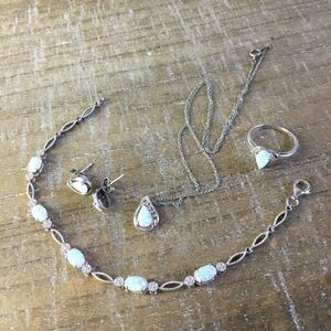 Silver tone set necklace earrings ring Sz 7 bracelet